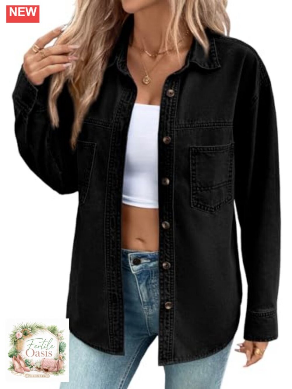 Oversized Denim Button Down Shirt Long Sleeve Blouse